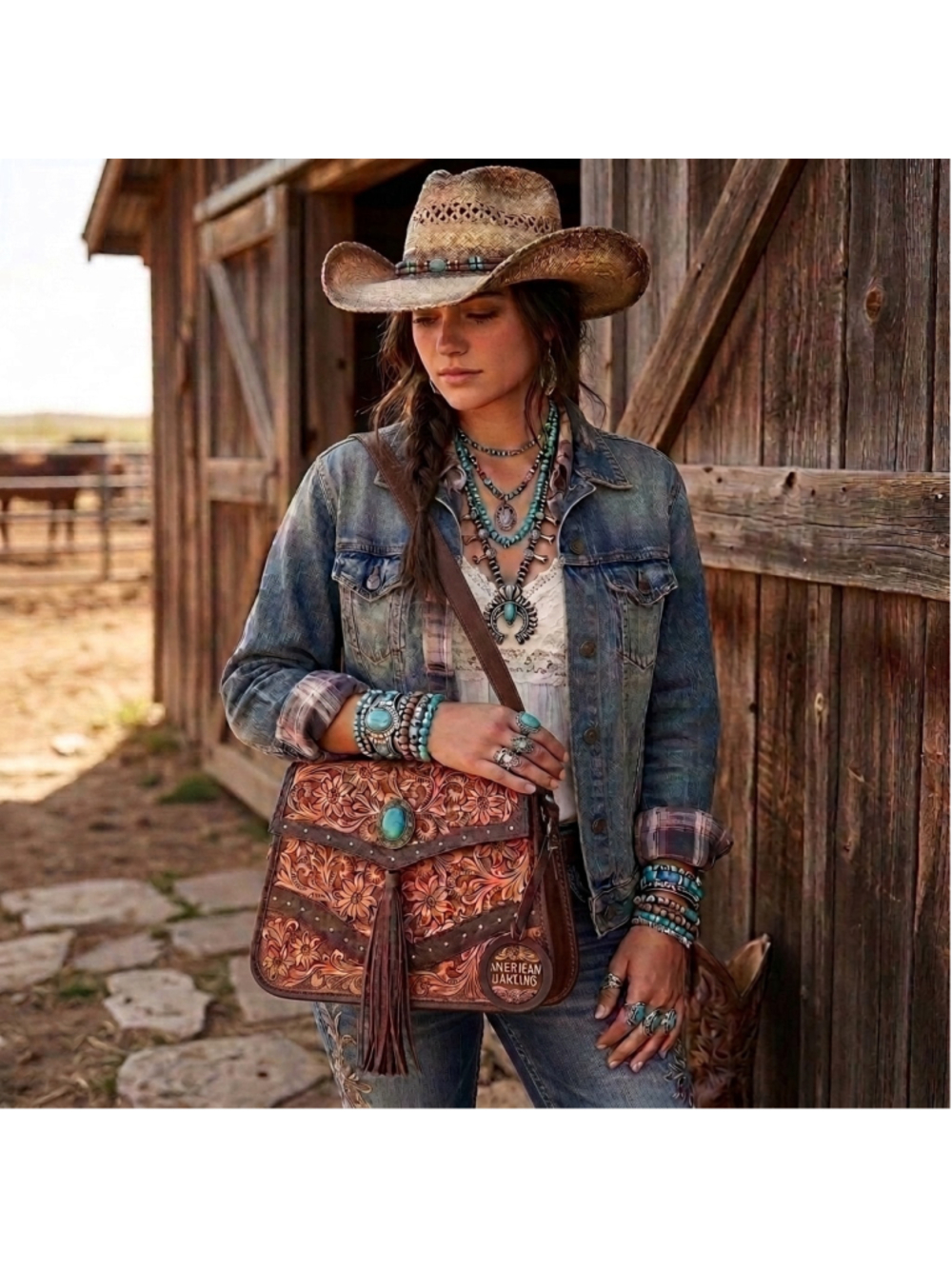 American Darling Texas Two Step Western Turquoise Concho Crossbody Bag